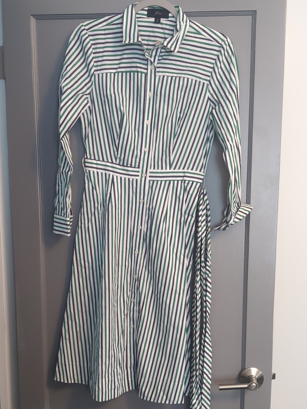 J. Crew Green and White Striped Long Sleeve Shirt Dress
